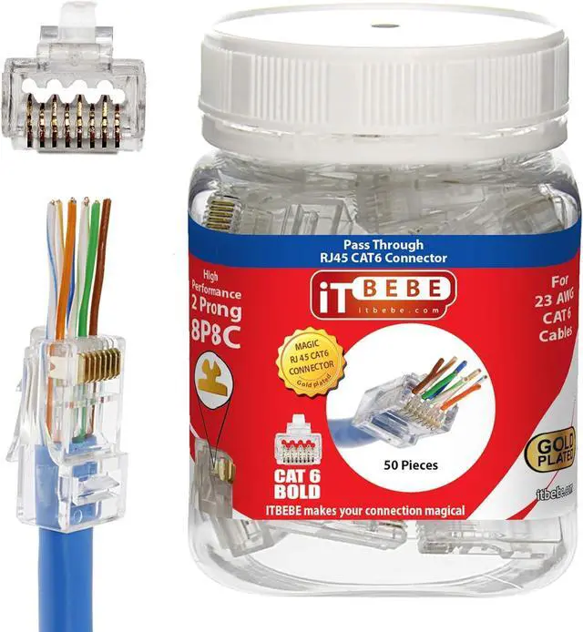 Main image of ITBEBE 50 Pieces - Gold Plated End Pass Through RJ45 Cat6, Cat6a Bold Connector for 23 AWG Cables