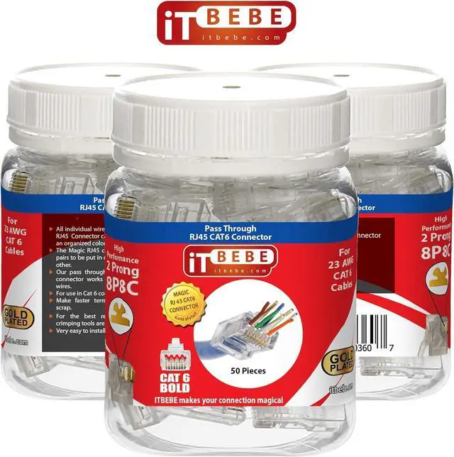 Alt view image 2 of 7 - ITBEBE 50 Pieces - Gold Plated End Pass Through RJ45 Cat6, Cat6a Bold Connector for 23 AWG Cables