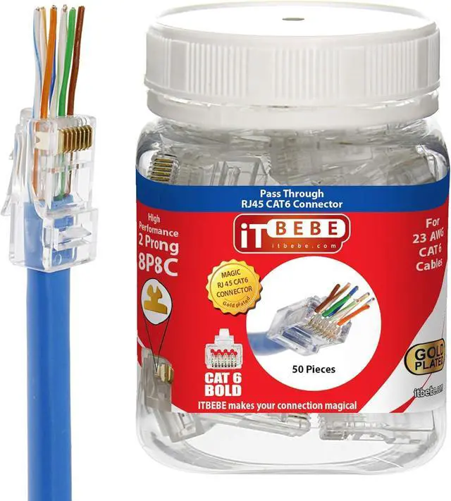 Alt view image 3 of 7 - ITBEBE 50 Pieces - Gold Plated End Pass Through RJ45 Cat6, Cat6a Bold Connector for 23 AWG Cables
