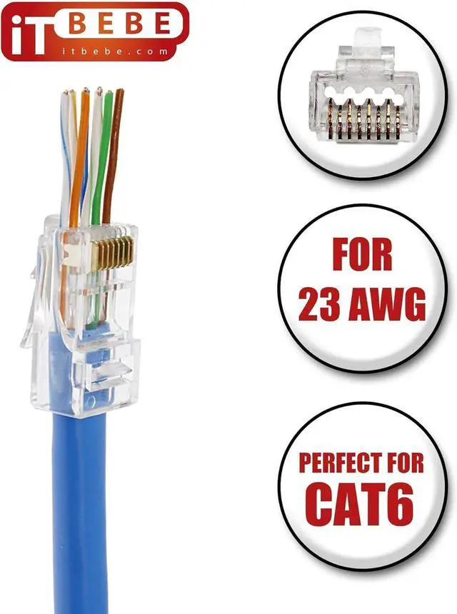 Alt view image 4 of 7 - ITBEBE 50 Pieces - Gold Plated End Pass Through RJ45 Cat6, Cat6a Bold Connector for 23 AWG Cables