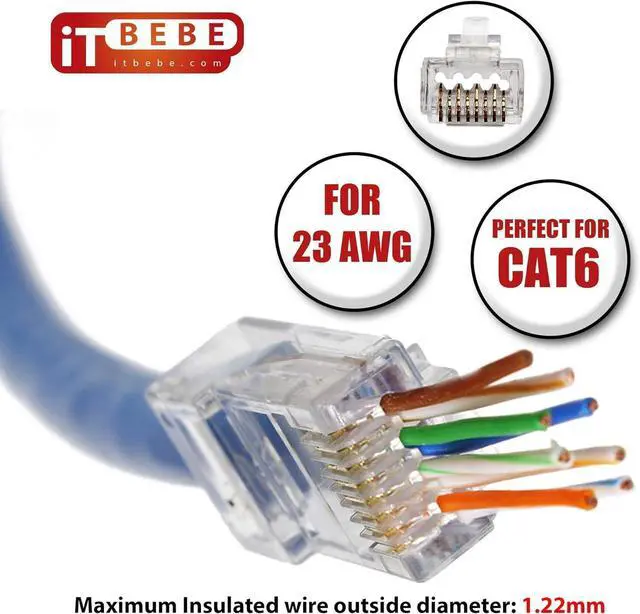 Alt view image 7 of 7 - ITBEBE 50 Pieces - Gold Plated End Pass Through RJ45 Cat6, Cat6a Bold Connector for 23 AWG Cables