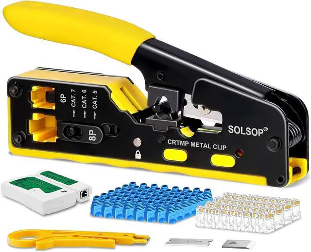 Main image of Solsop Pass Through RJ45 Crimp Tool Kit All-in-One Ethernet Crimper Cat7 Cat6 Cat5 Crimping Tool with Network Cable Tester, 50-Pack Cat6 RJ45 Pass Through Connector, 50-Pack Connector Boots