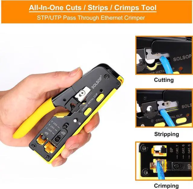 Alt view image 3 of 7 - Solsop Pass Through RJ45 Crimp Tool Kit All-in-One Ethernet Crimper Cat7 Cat6 Cat5 Crimping Tool with Network Cable Tester, 50-Pack Cat6 RJ45 Pass Through Connector, 50-Pack Connector Boots