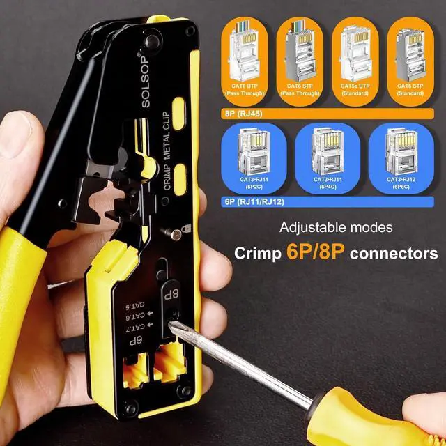Alt view image 7 of 7 - Solsop Pass Through RJ45 Crimp Tool Kit All-in-One Ethernet Crimper Cat7 Cat6 Cat5 Crimping Tool with Network Cable Tester, 50-Pack Cat6 RJ45 Pass Through Connector, 50-Pack Connector Boots