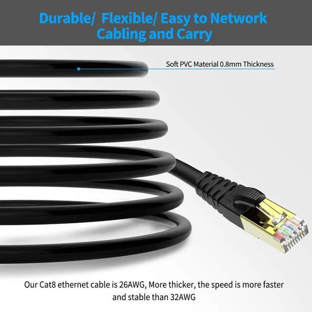Alt view image 6 of 7 - KASIMO 100 ft Ethernet Cable, Cat8 Network LAN Cable High Speed 40Gbps with RJ45 Gold Plated Connector SFTP Shielded Cord, 26AWG Gaming Internet Cable for Router, Modem (Black, 100FT 1 Pack)