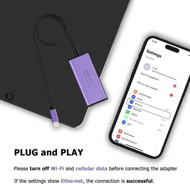 Alt view image 4 of 6 - Lightning to 1000Mbps Ethernet Adapter, IVSHOWCO 2 in 1 iPhone iPad to RJ45 Ethernet LAN Network Adapter with Charging Port, 1 Gigabit High Speed,Plug and Play(1.77Ft)