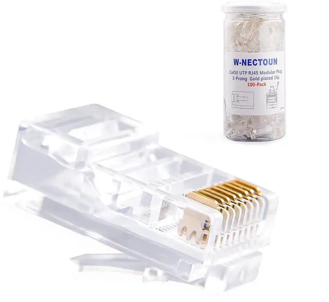 Main image of Cat5e RJ45 Connectors,100-PACK Cat5 Ends/Cat 5 Connector/Cat 5e RJ45 Modular Plugs(3-Prong Gold Plated 15),UTP Network Plug for Solid Strand Cable