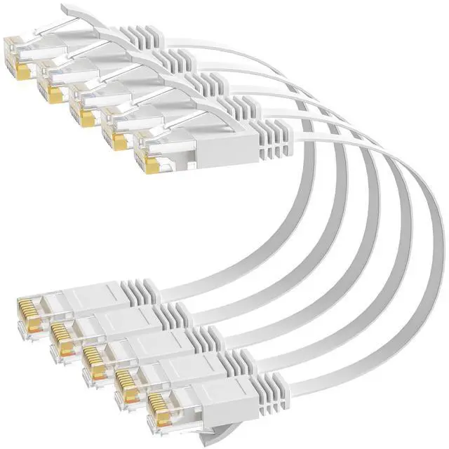 Main image of Elecan Cat 6 Flat Ethernet Cable 3 Ft/5 Pack, High Speed Slim Short Patch Cables Internet Cables, 30 AWG Pure Copper 10Gbps 500MHz,Thin Flexible for POE Cat6 Cat 5e Cat 5 Network Cable Cord-White