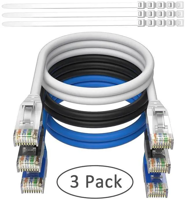 Alt view image 6 of 6 - Adoreen Cat 6 Ethernet Cable 10 Ft-3 Pack,High Speed Short Patch Cables Network Cables, Soft Flexible Cat6 RJ45 LAN Internet Cable Cord Faster Than Cat 5e 5 Cable+15 Ties-Black+White+Blue