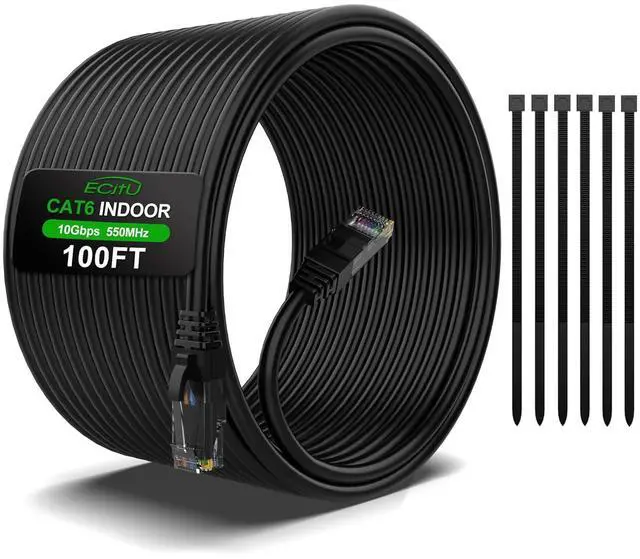 Main image of 100FT Cat6 Ethernet Cable, Cat 6 Patch Cable, Cat6 Internet Cable, UTP Network Cable, Indoor and Outdoor, PoE, 24AWG CCA, Compatible for PC, Laptop, Router, Switch, Server, with 25 Cable Ties - Black