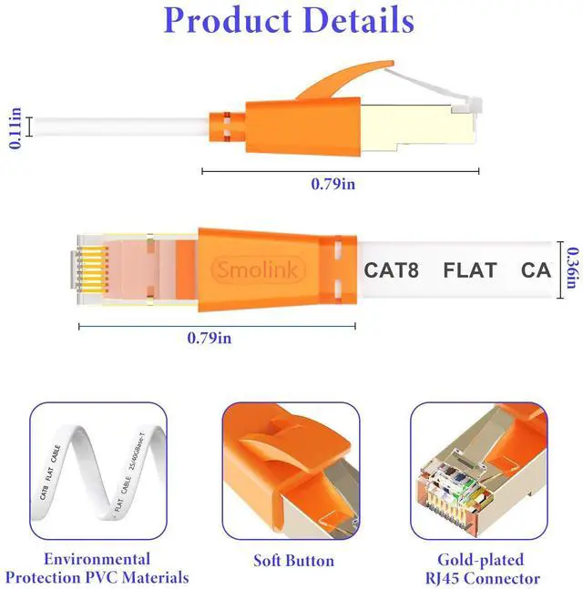 Alt view image 7 of 7 - Smolink Ethernet Cable 20 FT, Cat 8 Ethernet Cable 2000Mhz 40Gbps, Internet Cable Professional Flat LAN Cable SFTP Patch Cord with Gold Plated RJ45 Connector for Router Modem, White