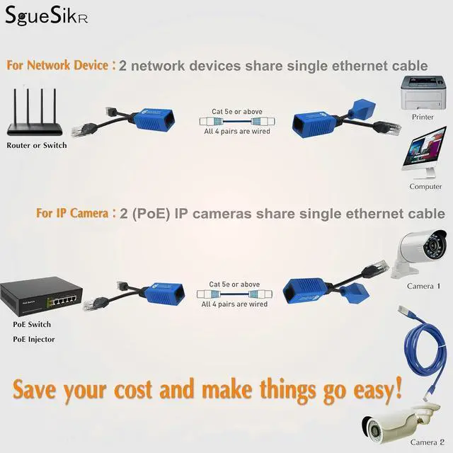 Alt view image 3 of 6 - 4 Pair PoE Ethernet Splitter, RJ45 Cable Sharing Kits, 2-in-1 Cat5 Combiner, Ethernet Extender for 8 Security IP Cameras NVR Surveillance System