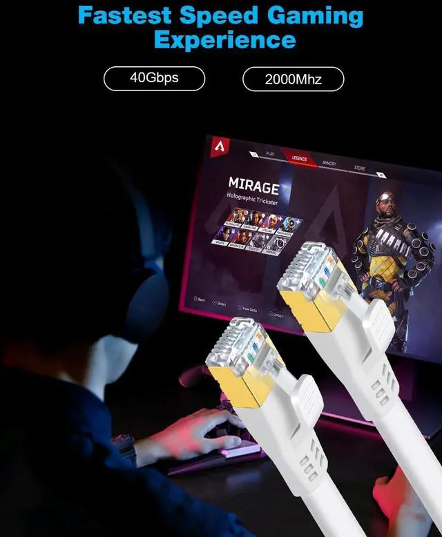 Alt view image 4 of 7 - DDMALL CAT 8 Ethernet Cable 50 ft, High Speed 40Gbps 2000MHz CAT8 Cable Shielded, S/FTP Flat Gigabit Network Internet Wire, Patch Cord with RJ45 for Gaming, PS5, PS4, Xbox, Router, Modem (50ft White)