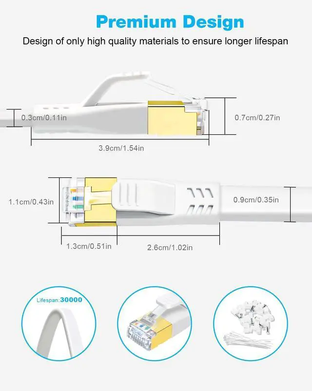 Alt view image 6 of 7 - DDMALL CAT 8 Ethernet Cable 50 ft, High Speed 40Gbps 2000MHz CAT8 Cable Shielded, S/FTP Flat Gigabit Network Internet Wire, Patch Cord with RJ45 for Gaming, PS5, PS4, Xbox, Router, Modem (50ft White)