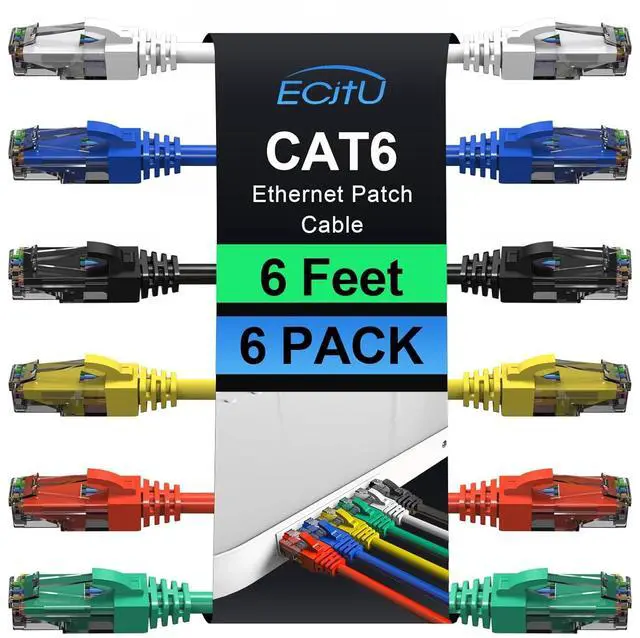 Main image of Cat6 Patch Cables 6 Feet (6 Pack), Cat 6 Ethernet Cable, 24AWG CCA Cord, UTP Network, Internet Cable, Compatible for PC, Laptop, Routers, Switches, Servers, Printers, RJ45 LAN with 25 Cable Ties - 6FT