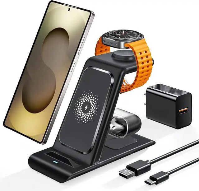 Main image of Wireless Charging Station for Samsung Wireless Charger Galaxy S25 Ultra/S25/S24/S23/S22/S21/S20/S10/Note20/10/9/8 Galaxy Watch 7/6/5 Pro/4/3 Active 2/1 Stand Galaxy Buds3/2 Pro/Live Multiple Devices