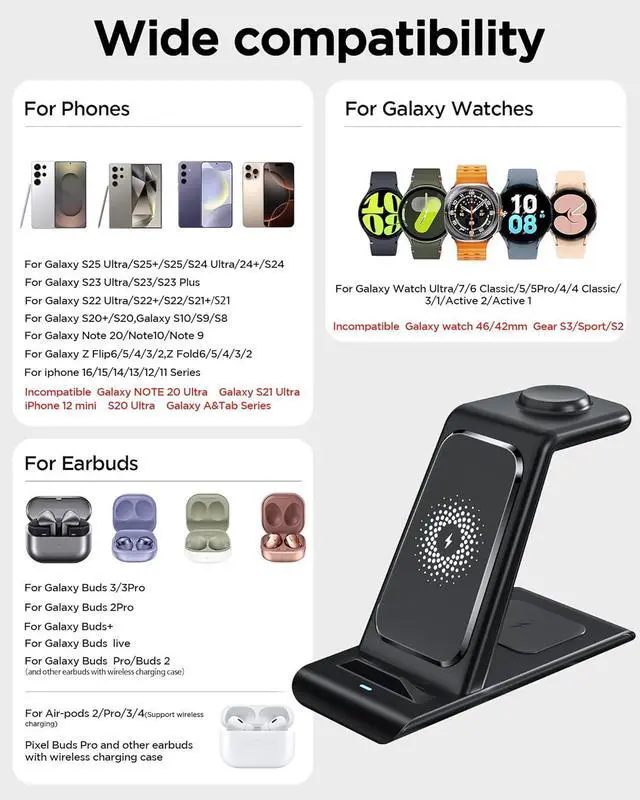Alt view image 2 of 7 - Wireless Charging Station for Samsung Wireless Charger Galaxy S25 Ultra/S25/S24/S23/S22/S21/S20/S10/Note20/10/9/8 Galaxy Watch 7/6/5 Pro/4/3 Active 2/1 Stand Galaxy Buds3/2 Pro/Live Multiple Devices