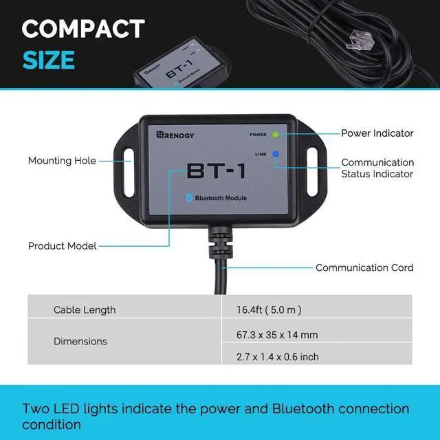 Alt view image 7 of 7 - Renogy Bluetooth Module RJ12 Communication Port Compatible Rover/Wanderer/Adventurer Charge Controllers, BT-1 RS232,Black