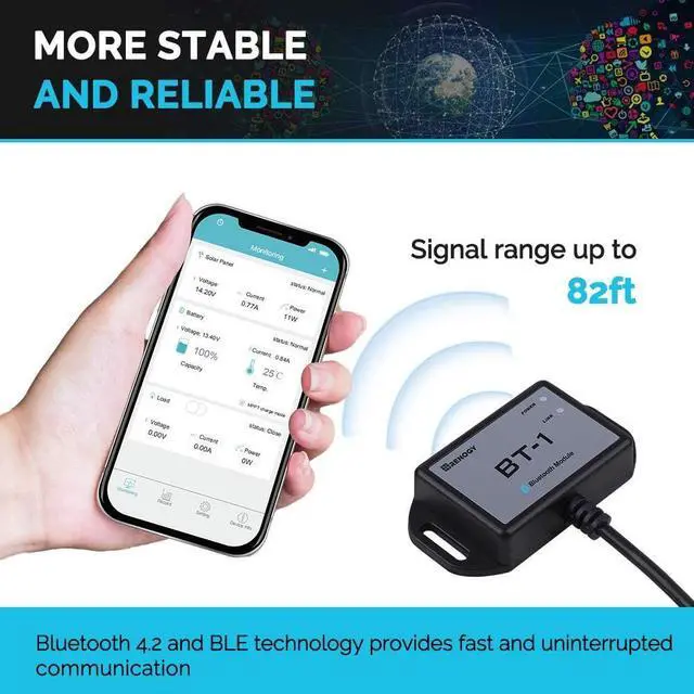 Alt view image 5 of 7 - Renogy Bluetooth Module RJ12 Communication Port Compatible Rover/Wanderer/Adventurer Charge Controllers, BT-1 RS232,Black