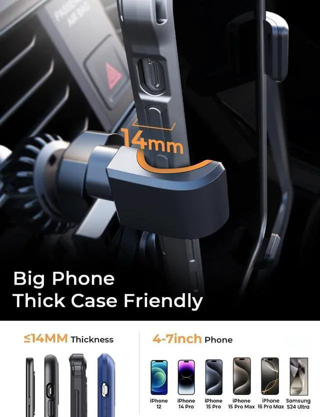 Alt view image 5 of 7 - AINOPE Car Phone Holders for Your Car [Ultra Convenient] Air Vent Phone Mount [Thick Cases Friendly] Cell Phone Holder Car Accessories for Women Men for iPhone 16 Pro Max 15 Samsung S25 Ultra Black