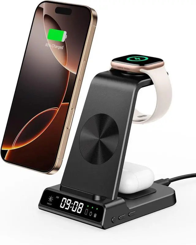 Main image of Wireless Charger for iPhone 16, 3 in 1 Charging Station for Apple Watch Watch 10/9/8/7/6/5, Ultra 2/Ultra, for iPhone 16/15/14/13/12/11/X Series, for Air Pods 4/Pro 2/3/Pro (No Adapter)