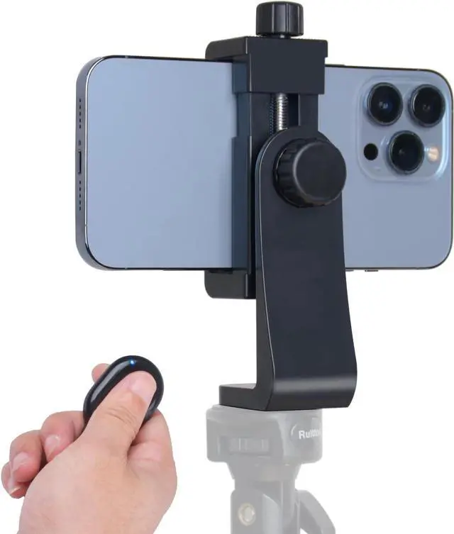 Main image of Phone Tripod Mount Adapter with Smartphone Remote Controller, Phone Holder Clip Compatible with iPhone and Other Cell Phones