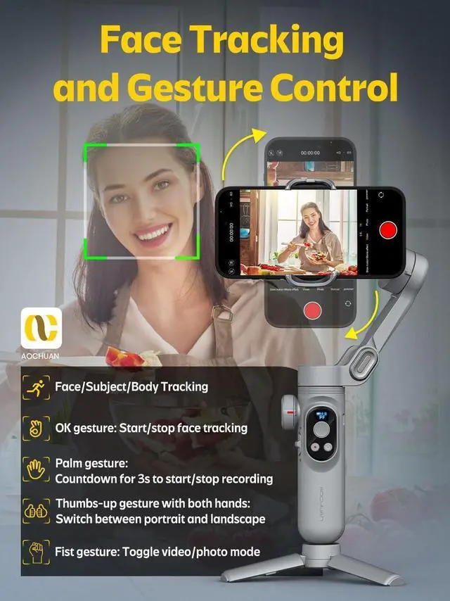 Alt view image 7 of 7 - Professional Gimbal Stabilizer for Smartphone w/Wireless Charging OLED Display LED Light Focus Wheel, 3-Axis Phone Gimbal Stabilizer for iPhone 15 14 13 12 Pro/Max/Xs Galaxy S23-AOCHUAN Smart X Pro