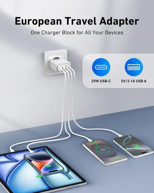 Alt view image 2 of 7 - European Travel Plug Adapter, 40W 4-Port USB C Wall Charger Plug Type C Fast Charging Block International Power Adaptor US to Europe EU for iPhone 16 15 14 13 12 11 Pro Max XS X, iPad, Samsung