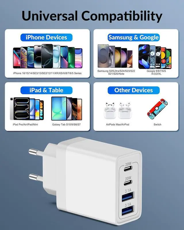 Alt view image 6 of 7 - European Travel Plug Adapter, 40W 4-Port USB C Wall Charger Plug Type C Fast Charging Block International Power Adaptor US to Europe EU for iPhone 16 15 14 13 12 11 Pro Max XS X, iPad, Samsung