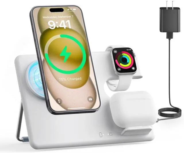 Main image of Wireless Charger Station for Apple: MGG 3 in 1 Magnetic Charging Stand Foldable for iPhone 15 14 13 12 Pro Max Plus - Apple Watch 9 8 7 6 5 4 SE - AirPods Pro 2/3