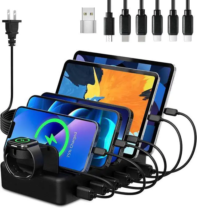 Main image of Charging Station for Multiple Devices, CREATIVE DESIGN 50W 6 Ports USB Charger Station with Apple Watch Holder & 6 Cables, Charging Dock for iPad Cellphone Kindle Tablet and Other Electronic (Black)