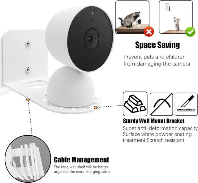 Alt view image 4 of 7 - Large Metal Wall Mount Holder fits for Google Nest Indoor 2nd Generation Wired Security Cam, Flexible Installation Camera Shelf for Better View Angle Mount on Wall Deck,White