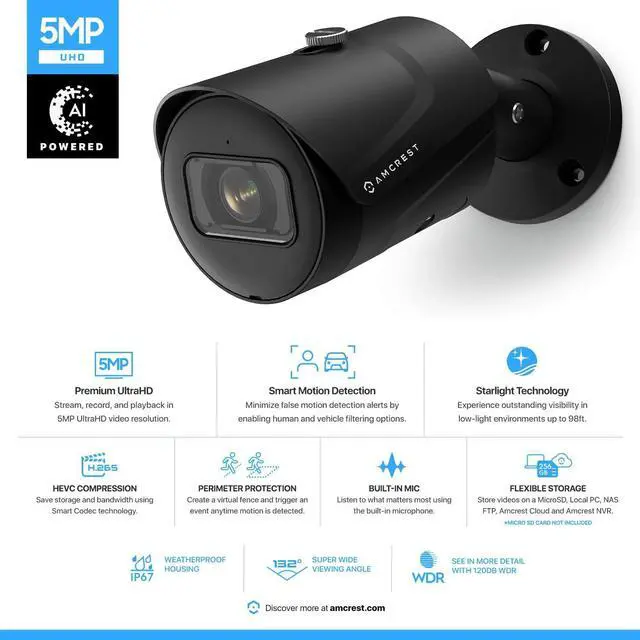 Alt view image 2 of 7 - Amcrest 5MP Outdoor POE Camera 2592 x 1944p Bullet IP Security Camera, IP67, 132° Viewing Angle, Human & Vehicle Detection, Tripwire & Intrusion, 5-Megapixel, IP5M-B1186EB-AI-V3 (Black)