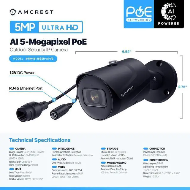 Alt view image 7 of 7 - Amcrest 5MP Outdoor POE Camera 2592 x 1944p Bullet IP Security Camera, IP67, 132° Viewing Angle, Human & Vehicle Detection, Tripwire & Intrusion, 5-Megapixel, IP5M-B1186EB-AI-V3 (Black)