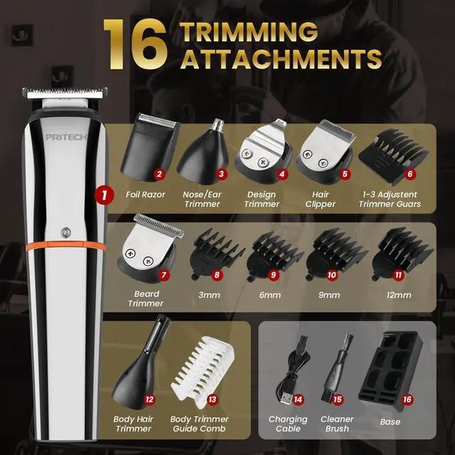 Alt view image 4 of 7 - PRITECH Beard Trimmer for Men,6 in 1 Hair Clippers Kit, Precision Cordless Grooming Kit Waterproof IPX6 for Beard, Hair, Body, Nose, Ear, with Foil Razor (Silver)