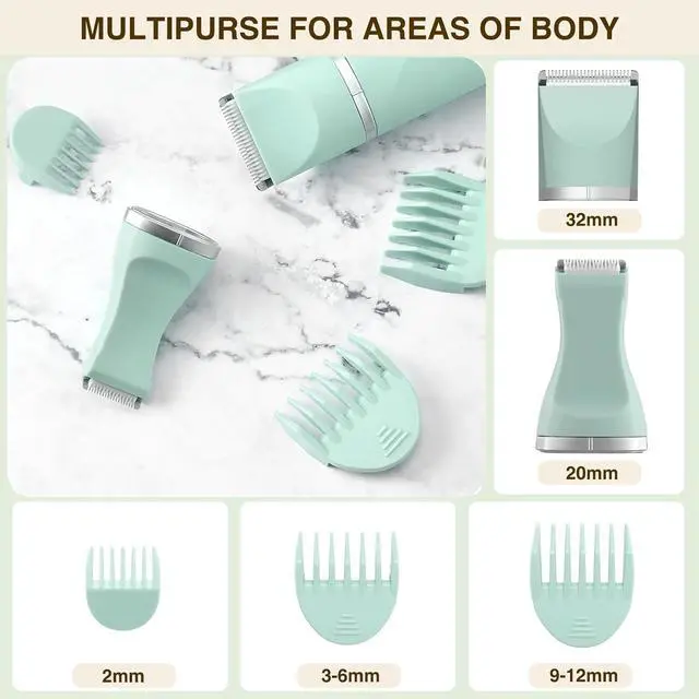 Alt view image 3 of 7 - Bikini Trimmer for Women, Electric Razors for Women, IPX7 Waterproof&Easy Cleaning, Ceramic Blade,Rechargeable Pubic Hair Trimmer Womens,Green