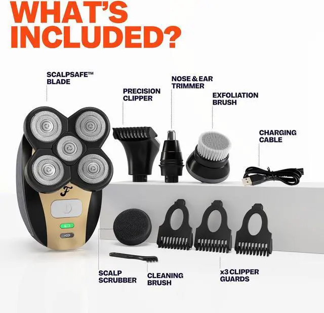Alt view image 3 of 7 - FlexSeries Electric Head & Body Hair Shaver - Mens Cordless Rechargeable Wet/Dry Skull Bald Head Back & Groin Waterproof Razor with Rotary Blades, Clippers, Nose Trimmer, Brush, Massager