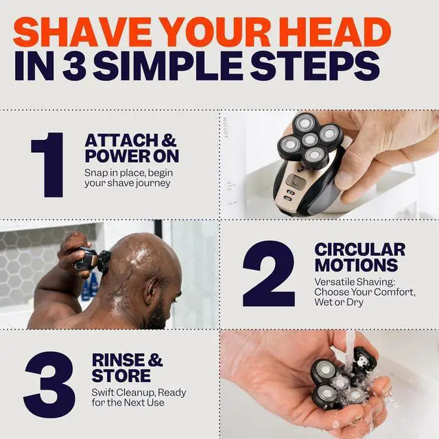 Alt view image 6 of 7 - FlexSeries Electric Head & Body Hair Shaver - Mens Cordless Rechargeable Wet/Dry Skull Bald Head Back & Groin Waterproof Razor with Rotary Blades, Clippers, Nose Trimmer, Brush, Massager