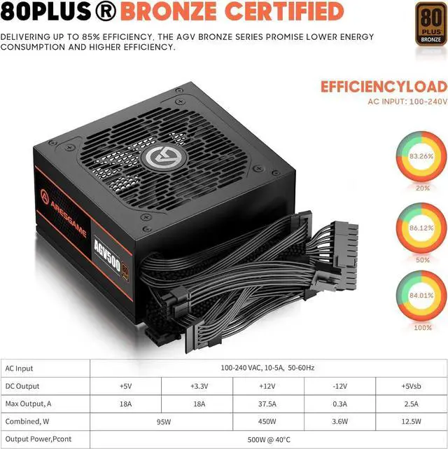 Alt view image 2 of 6 - AGV Series 500W Power Supply, 80 Plus Bronze Certified, Non Modular Power Supply, 5 Year Warranty