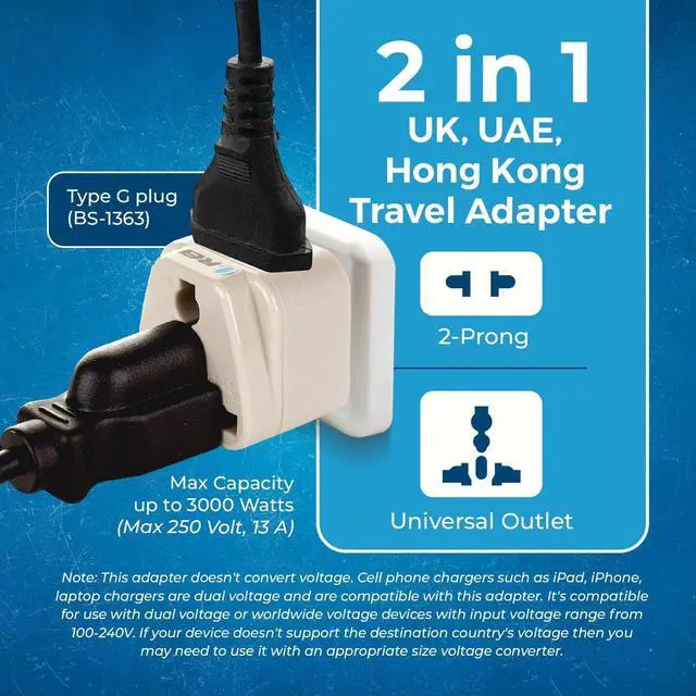 Alt view image 7 of 7 - OREI USA to UK, UAE, Hong Kong & More (Type G) Travel Adapter Plug - 2 in 1 - CE Certified - RoHS Compliant - 2 Pack - White Color (DB-7-2PK)