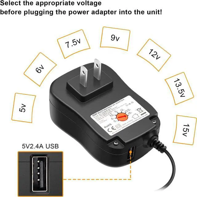 Alt view image 3 of 6 - Powseed 45W Universal AC Adapter with 5V 2A USB Port 5V 6V 7.5V 9V 12V 13.5V 15V 3A 2A 1A DC Power Supply Cord with 8 Tips Micro USB 5.5x2.1mm 5.5x2.5mm for Speaker Webcam LED Strip Lights