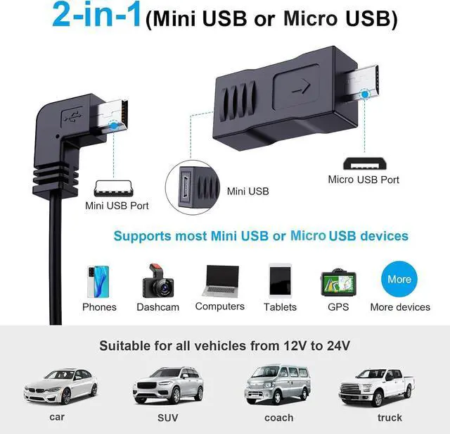 Alt view image 3 of 7 - Dash Camera Car Charger, Mini USB and Micro USB Interfaces, L-Type Driving Recorders Power Cord Universal Car Adapter Power Cord 4m/13.12ft 12V/24V to DC5V 3A