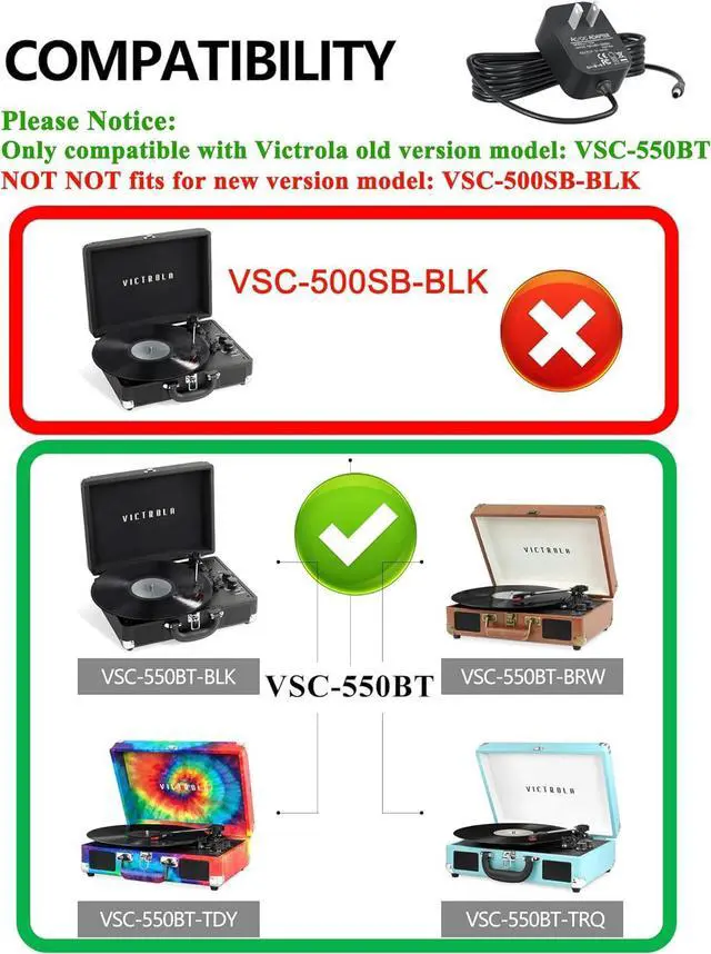 Alt view image 3 of 6 - WUKUR Replacement for Victrola Record Player Power Cord, 5V DC in Supply Compatible With VSC-550BT Vintage 3-Speed (5.9 Feet Long)