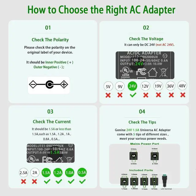 Alt view image 3 of 7 - Gonine 24V 1.5A 1A Power Supply Cord UL Certificate, 24Vdc AC to DC Power Adapter, Compatible for 24 Volts 1500ma 1000ma 500ma LED Floor Lamp LED Strips Light, Essential Oil Diffuser, Massage Gun.