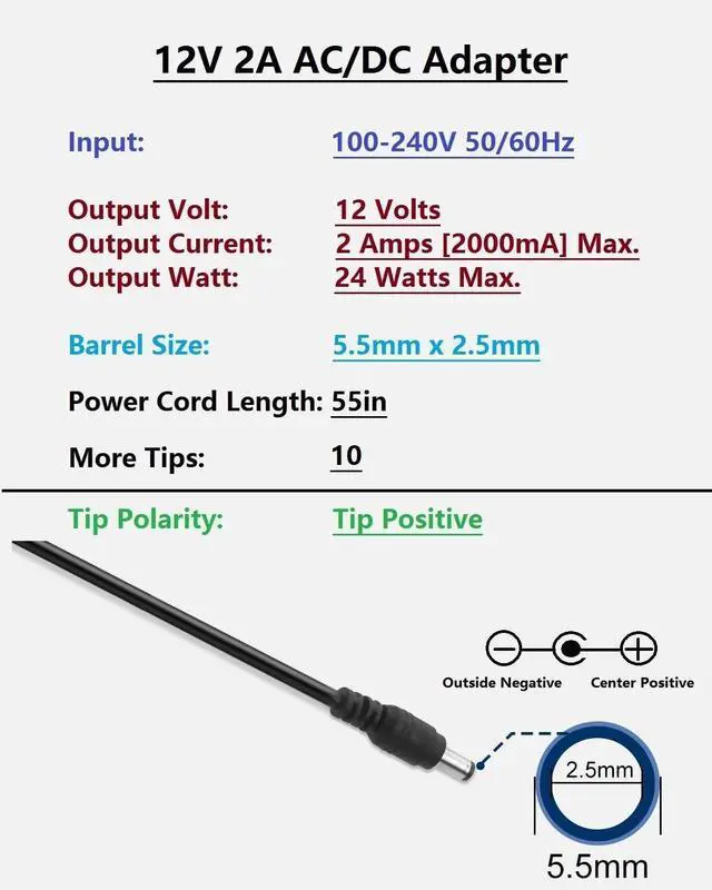 Alt view image 2 of 5 - 12 Volt 2 Amp DC Power Supply 24W 12Volt 2Amp AC Adapter 100-240V 50-60Hz AC to DC 12V 2A Power Supply Adapter Cord with 5.5mm x 2.5mm Barrel Plug & 10 Sizes of Tips