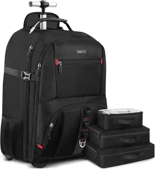 Main image of ZOMFELT Rolling Backpack, Travel Backpack with Wheels, Carry on Backpacks with 3 Packing Cubes, 17.3 Inch Wheeled Laptop Backpack for Men Women Adults to Travel Work Business Black