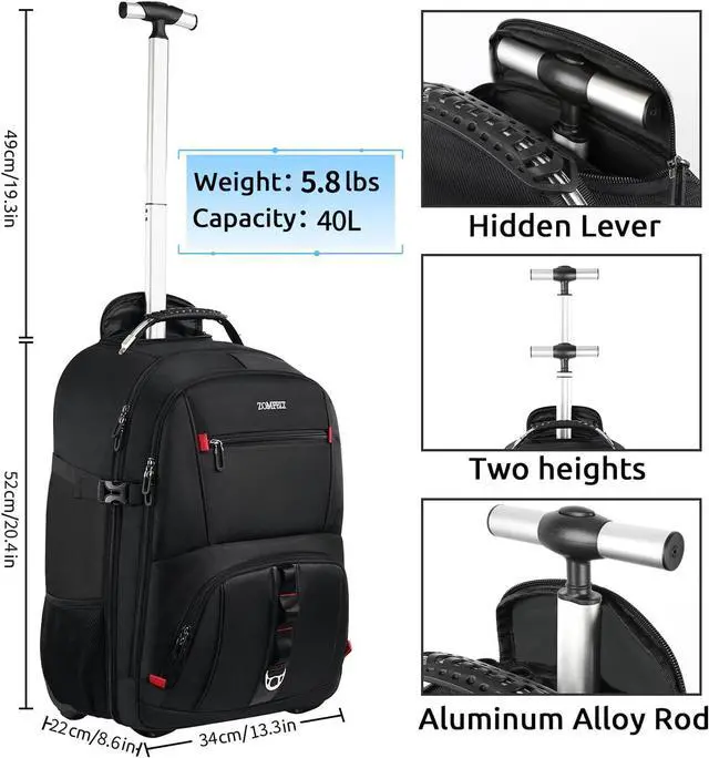 Alt view image 3 of 7 - ZOMFELT Rolling Backpack, Travel Backpack with Wheels, Carry on Backpacks with 3 Packing Cubes, 17.3 Inch Wheeled Laptop Backpack for Men Women Adults to Travel Work Business Black