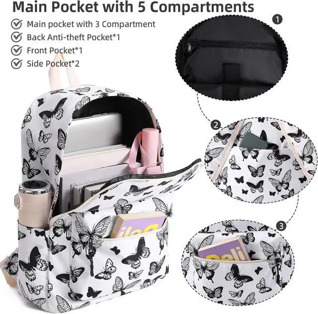 Alt view image 4 of 7 - Backpack for Girls, Lightweight Butterfly School Backpack, Waterproof Travel Backpacks, 15.6 inch Laptop Bag for Elementary, High School, Girls, Teens, Women
