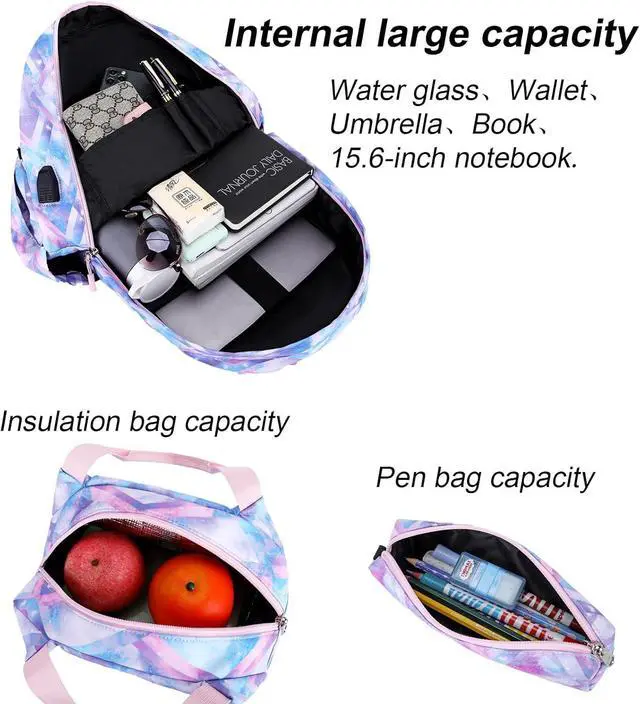 Alt view image 6 of 7 - Kids Backpack For Girls Teen,3Pcs Set Cute elementary school Bag, 15.6in Laptop Daypack Bookbags With USB Charging Port(Blue)