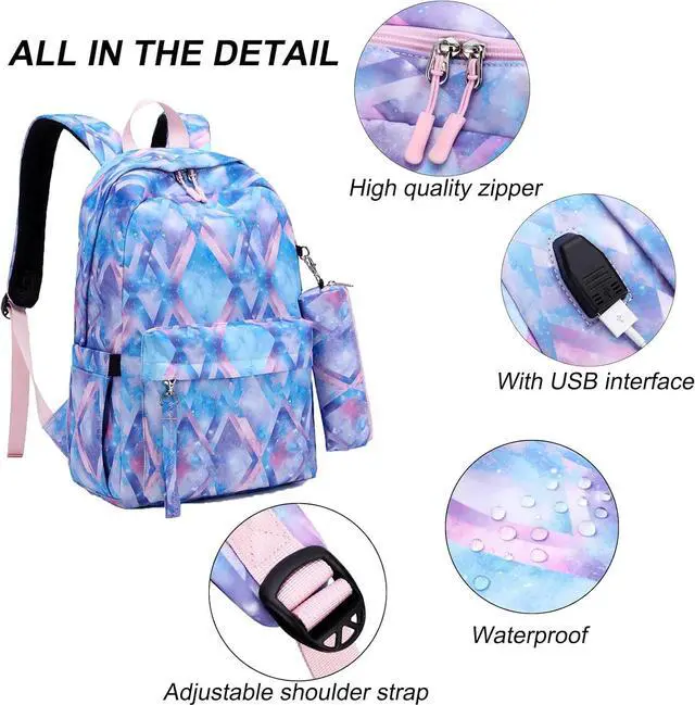 Alt view image 5 of 7 - Kids Backpack For Girls Teen,3Pcs Set Cute elementary school Bag, 15.6in Laptop Daypack Bookbags With USB Charging Port(Blue)